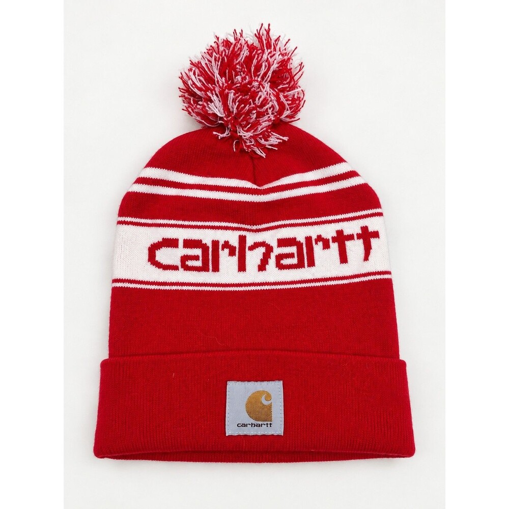 Carhartt Red White Logo Pom Pom Cuffed Knit Beanie Winter Hat